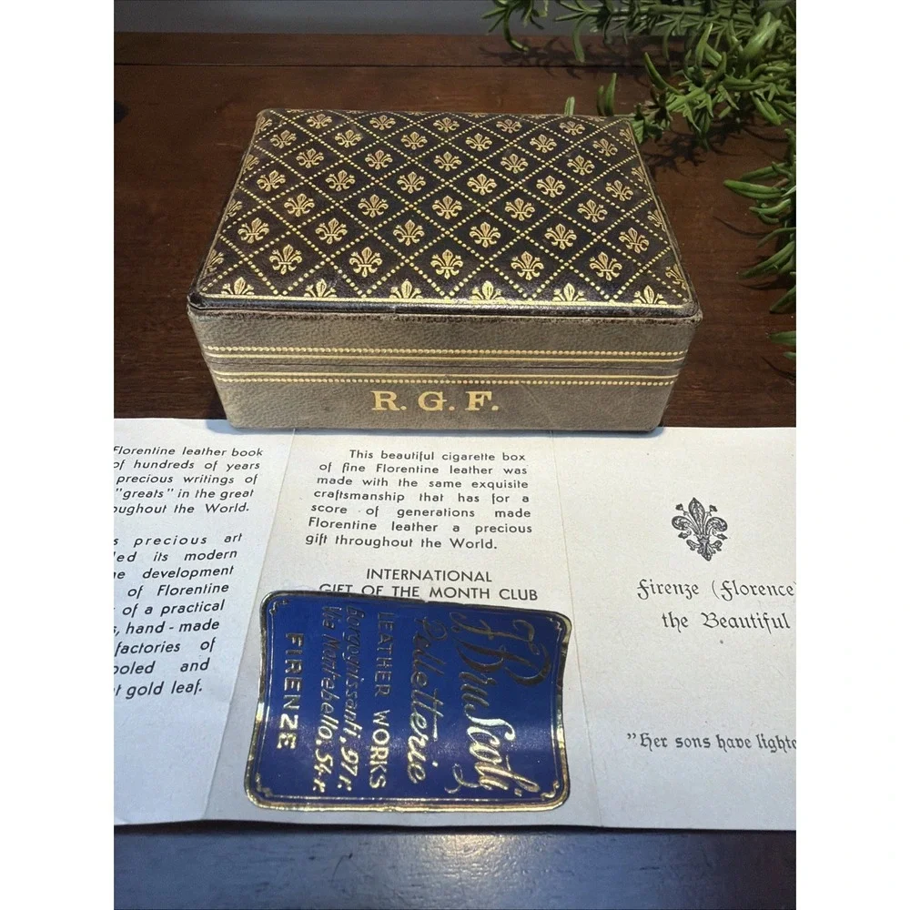 VTG LEATHER & Gold Jewelry Cigarette TRINKET Box FLORENCE Italy Firenze Gold Lea